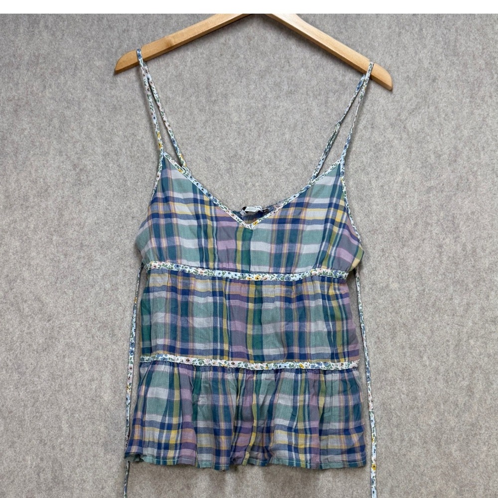 American Eagle Plaid Cami Womens Medium Blue Multi Cottagecore Boho Tie Back